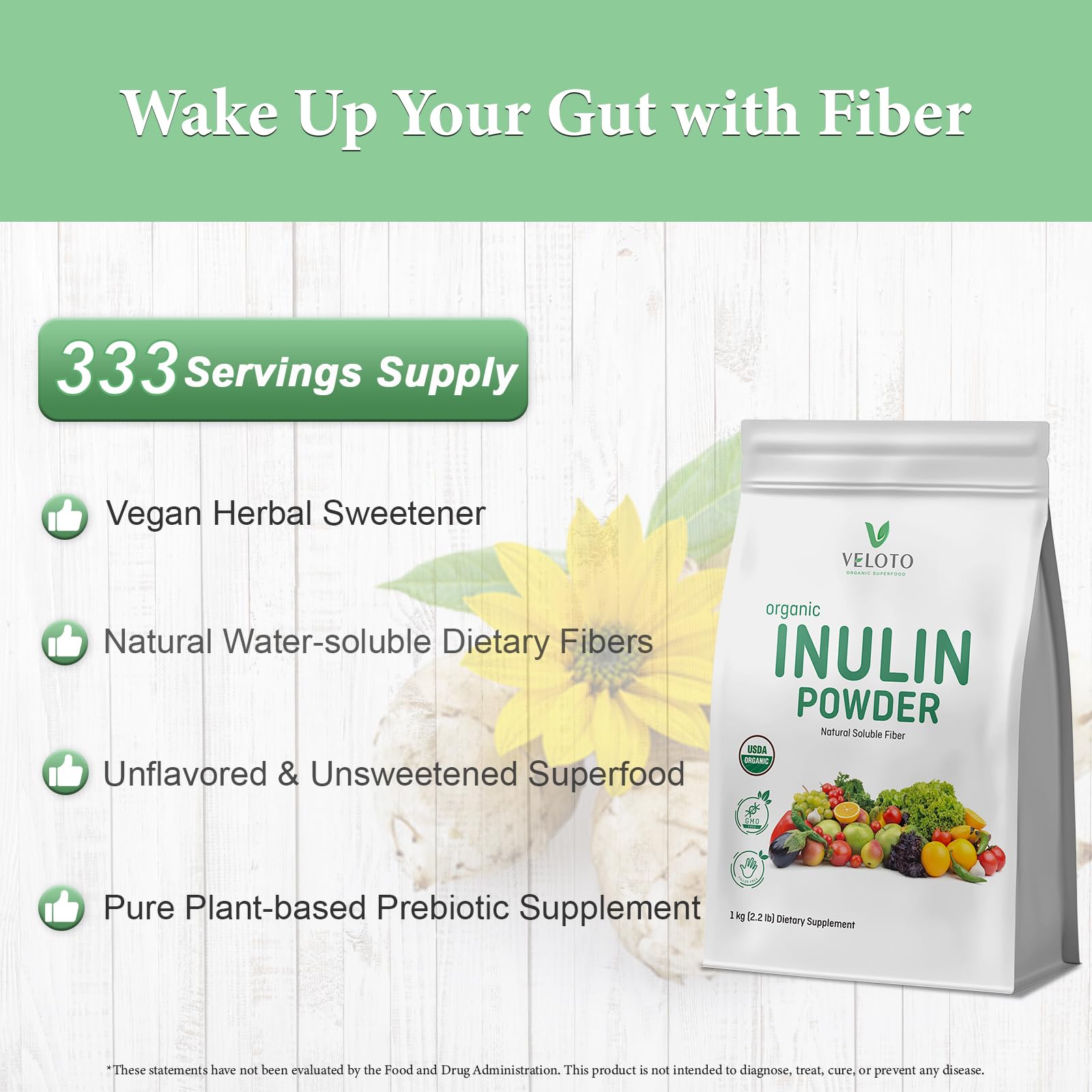 VELOTO Organic Inulin Powder – Prebiotic Fiber Supplement for Smoothies & Drinks, 2.2 lb, Flavorless, Water Soluble, Vegan & Non-GMO - dailyvitalstore