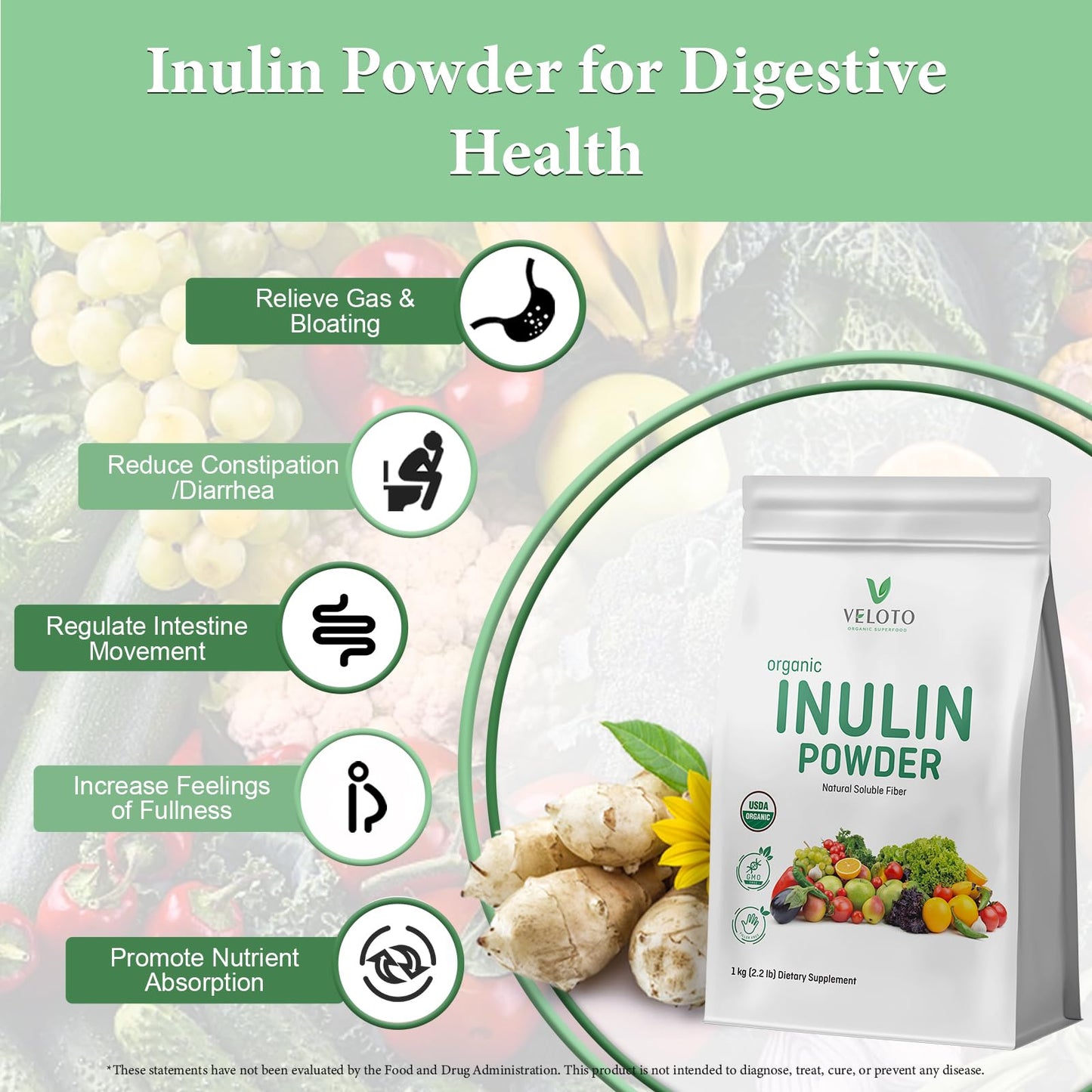 VELOTO Organic Inulin Powder – Prebiotic Fiber Supplement for Smoothies & Drinks, 2.2 lb, Flavorless, Water Soluble, Vegan & Non-GMO - dailyvitalstore