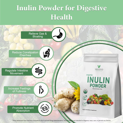 VELOTO Organic Inulin Powder – Prebiotic Fiber Supplement for Smoothies & Drinks, 2.2 lb, Flavorless, Water Soluble, Vegan & Non-GMO - dailyvitalstore
