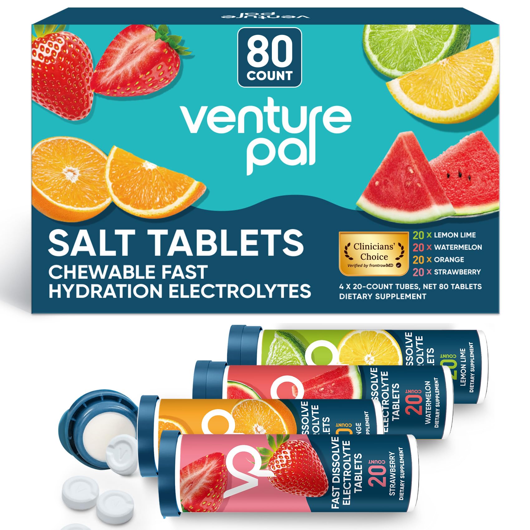 Venture Pal Chewable Electrolyte Tablets, 80 Count Fast-Dissolve Sugar-Free Stick Salt Tablets,Gluten Free – Variety Pack for Rapid Hydration, Outdoor Running, - dailyvitalstore