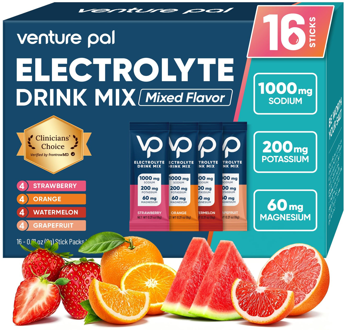Venture Pal High Sodium Sugar Free Electrolytes Powder Packet - Hydration Packets with Vitamin, Sodium & Potassium | Zero Calories | Vegan, Keto & Paleo Friendly - dailyvitalstore