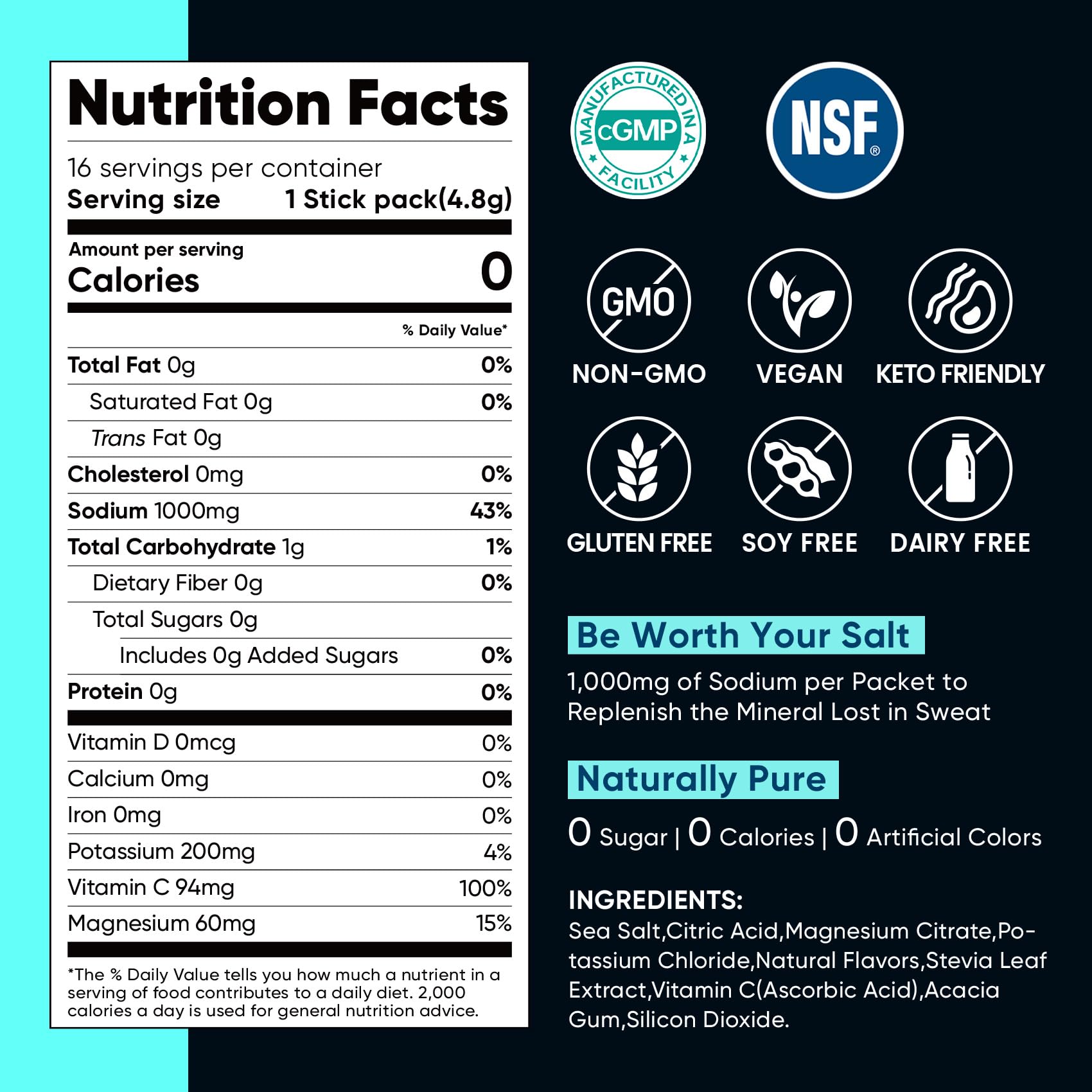 Venture Pal High Sodium Sugar Free Electrolytes Powder Packet, Zero Calories Hydration Packets with Vitamin, Sodium, Potassium & Magnesium, Electrolyte Drink Mix - dailyvitalstore