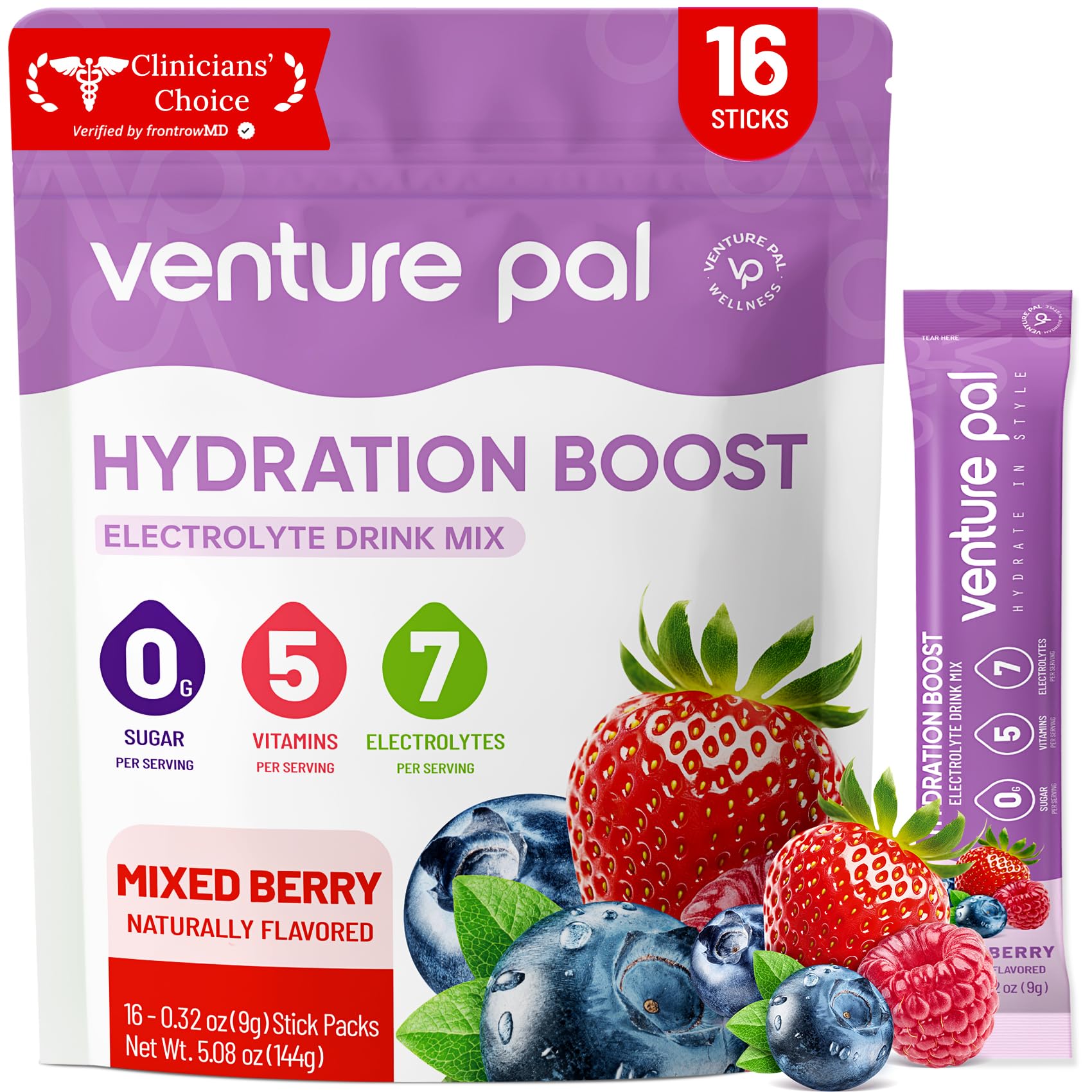 Venture Pal Sugar Free Electrolyte Powder Packets - Liquid Daily IV Hydration Packets | Electrolytes Drink Mix with 5 Vitamins & 7 Electrolytes | Keto Friendly | Non-GMO | Certified Vegan | 16 Sticks - dailyvitalstore
