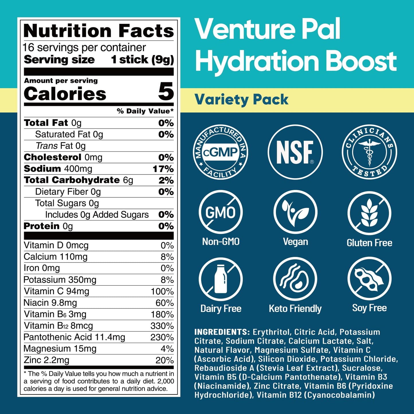 Venture Pal Sugar Free Electrolyte Powder Packets - Liquid Daily IV Hydration Packets for Rapid Rehydration | 7 Electrolytes & 5 Vitamins | Keto Friendly - dailyvitalstore