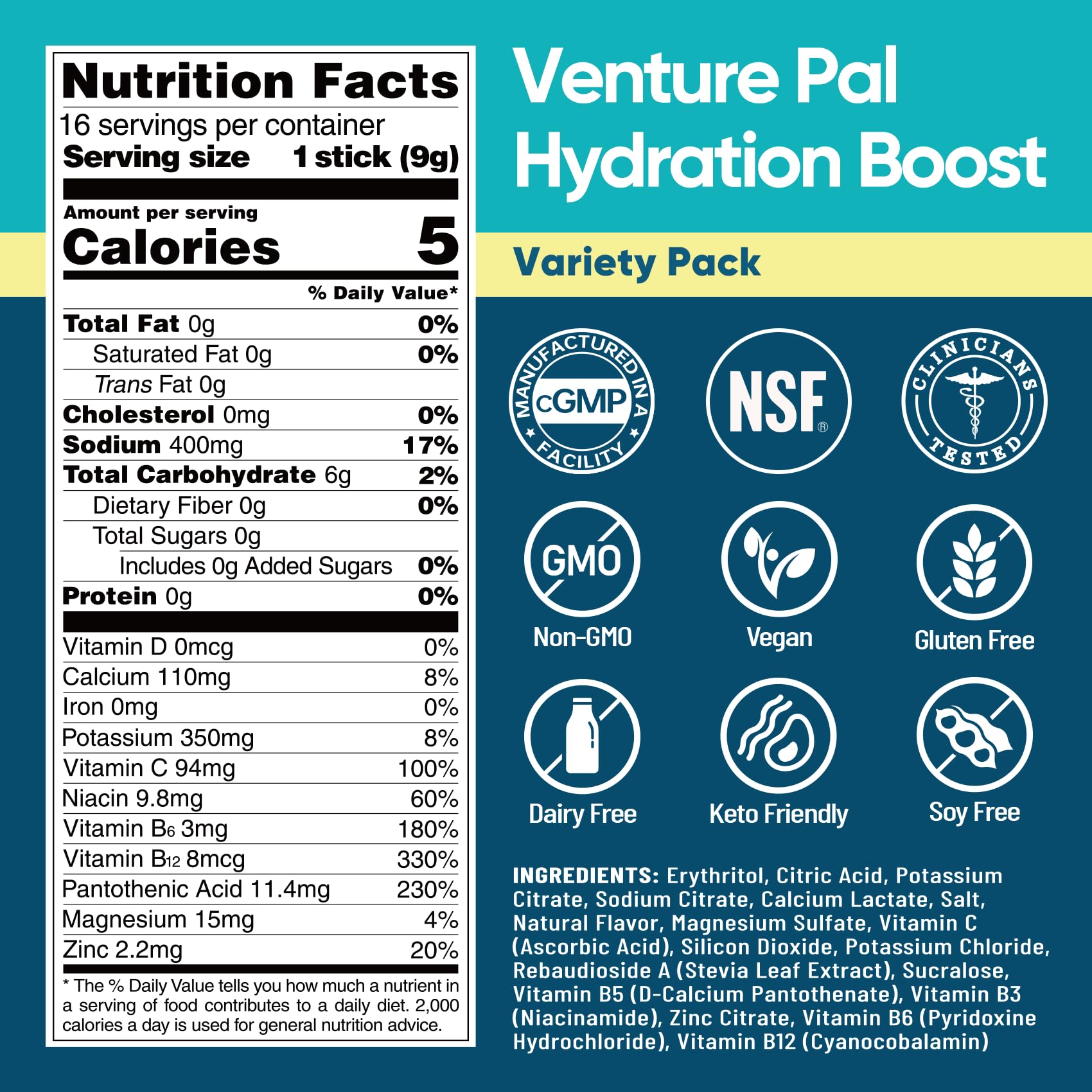 Venture Pal Sugar Free Electrolyte Powder Packets - Liquid Daily IV Hydration Packets for Rapid Rehydration | 7 Electrolytes & 5 Vitamins | Keto Friendly - dailyvitalstore