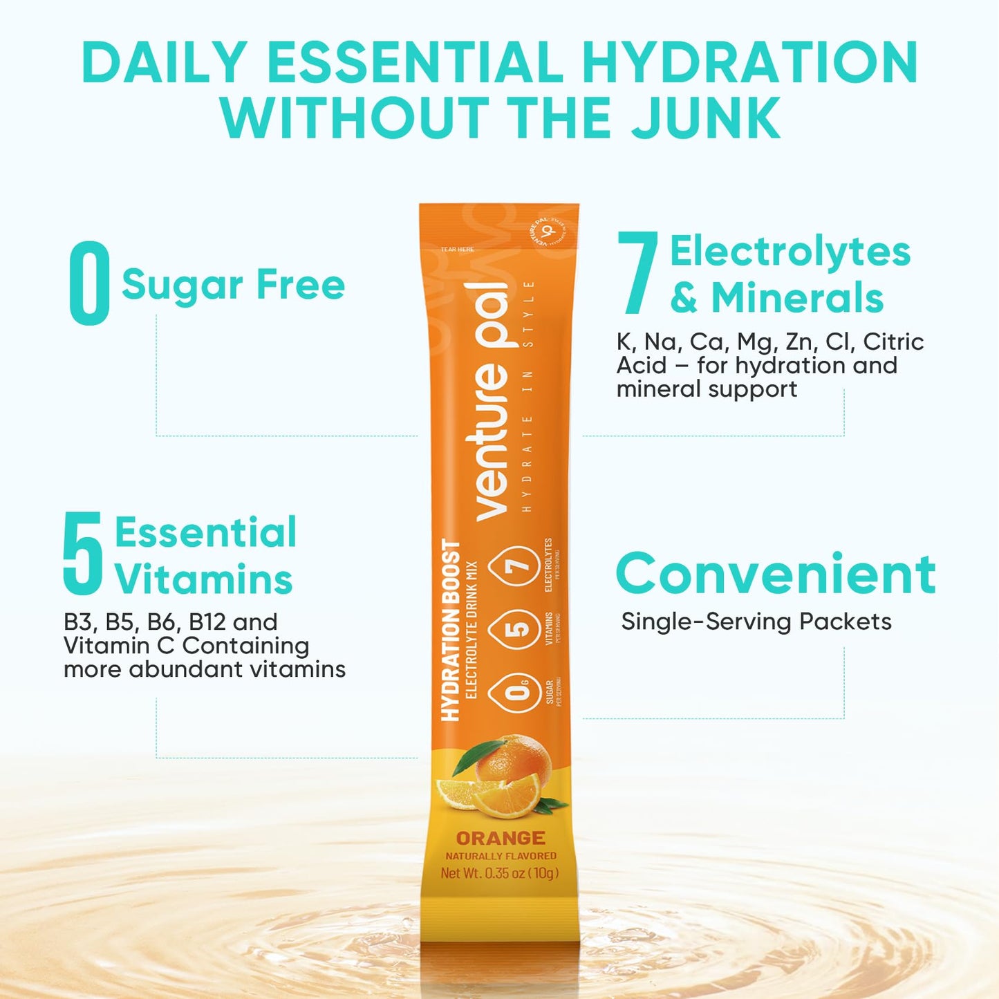 Venture Pal Sugar Free Electrolytes Powder Packets - Liquid Daily IV Hydration Packets | Instantly Hydrating & Party Recovery | 5 Vitamins & 7 Electrolytes - dailyvitalstore