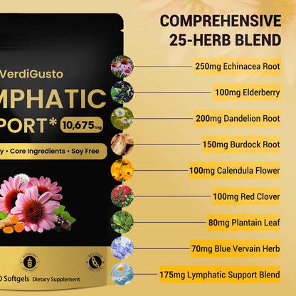 VerdiGusto 10,675mg Lymphatic Supplement | 25-in-1 Blend with Echinacea, Elderberry, Dandelion | 240 Softgels, 80 Day Supply | Lymph System Support | Soy Free, Non-GMO, Gluten Free - dailyvitalstore