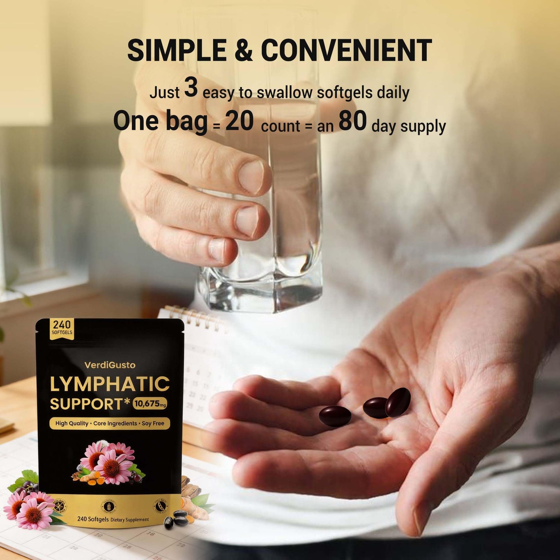 VerdiGusto 10,675mg Lymphatic Supplement | 25-in-1 Blend with Echinacea, Elderberry, Dandelion | 240 Softgels, 80 Day Supply | Lymph System Support | Soy Free, Non-GMO, Gluten Free - dailyvitalstore