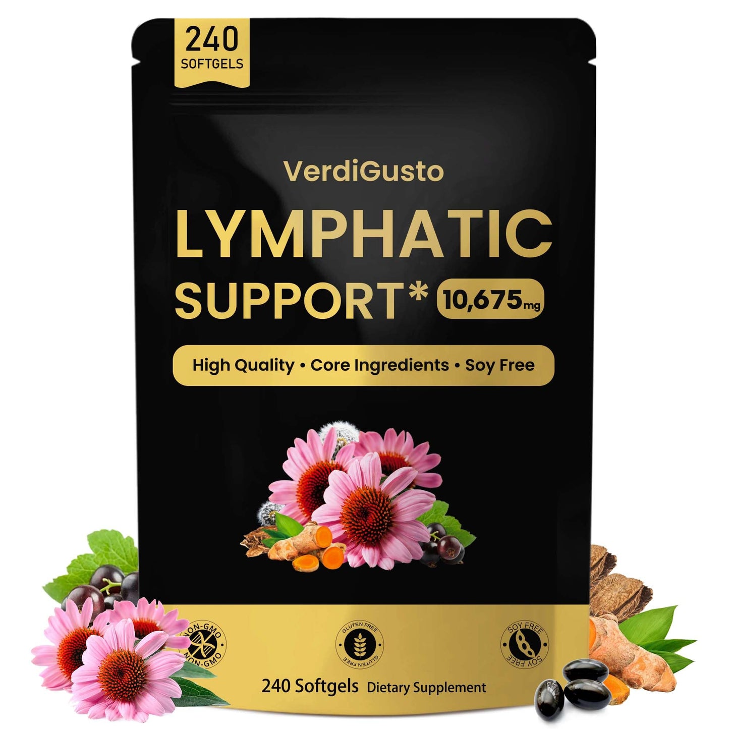 VerdiGusto 10,675mg Lymphatic Supplement | 25-in-1 Blend with Echinacea, Elderberry, Dandelion | 240 Softgels, 80 Day Supply | Lymph System Support | Soy Free, Non-GMO, Gluten Free - dailyvitalstore