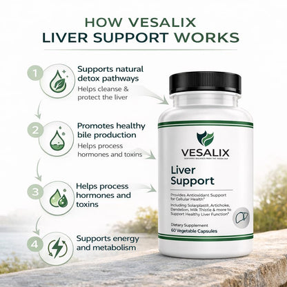 VESALIX Liver Support Supplement for Adults 40+ – Milk Thistle, Artichoke & Dandelion with Digestive Enzymes – Supports Digestion & Cellular Health – 60 Vegetarian Capsules - dailyvitalstore
