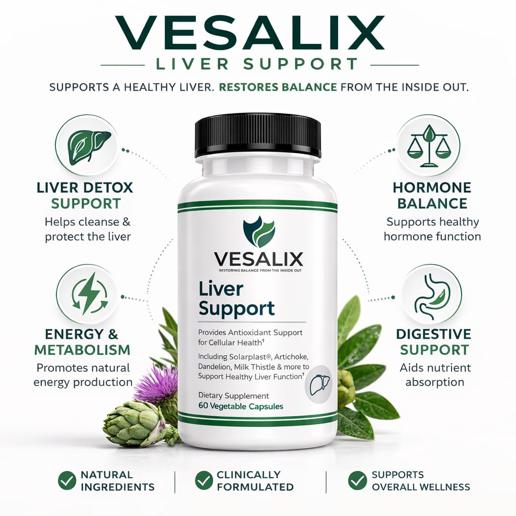 VESALIX Liver Support Supplement for Adults 40+ – Milk Thistle, Artichoke & Dandelion with Digestive Enzymes – Supports Digestion & Cellular Health – 60 Vegetarian Capsules - dailyvitalstore
