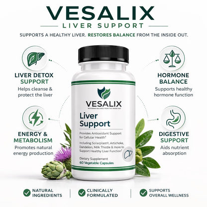 VESALIX Liver Support Supplement for Adults 40+ – Milk Thistle, Artichoke & Dandelion with Digestive Enzymes – Supports Digestion & Cellular Health – 60 Vegetarian Capsules - dailyvitalstore