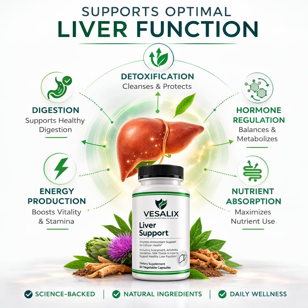 VESALIX Liver Support Supplement for Adults 40+ – Milk Thistle, Artichoke & Dandelion with Digestive Enzymes – Supports Digestion & Cellular Health – 60 Vegetarian Capsules - dailyvitalstore