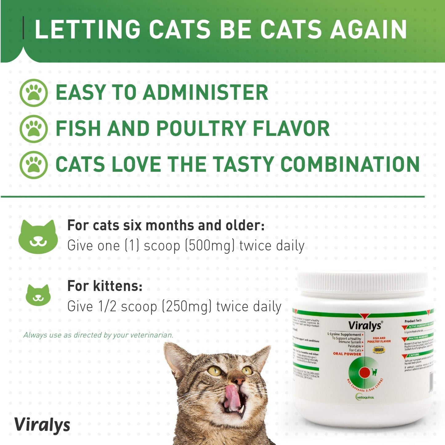 Vetoquinol Viralys Daily L-Lysine Powder for Cats and Kittens, Fish Flavored Lysine Supplement for Cats and Kittens to Support Immune Health - dailyvitalstore