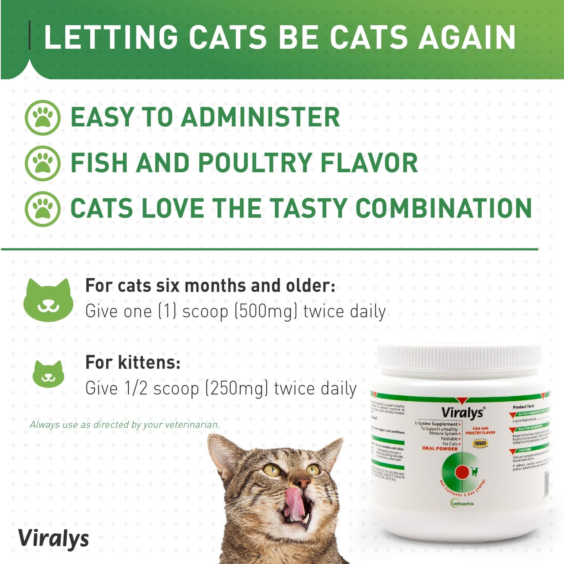 Vetoquinol Viralys Daily L-Lysine Powder for Cats and Kittens, Fish Flavored Lysine Supplement for Cats and Kittens to Support Immune Health - dailyvitalstore