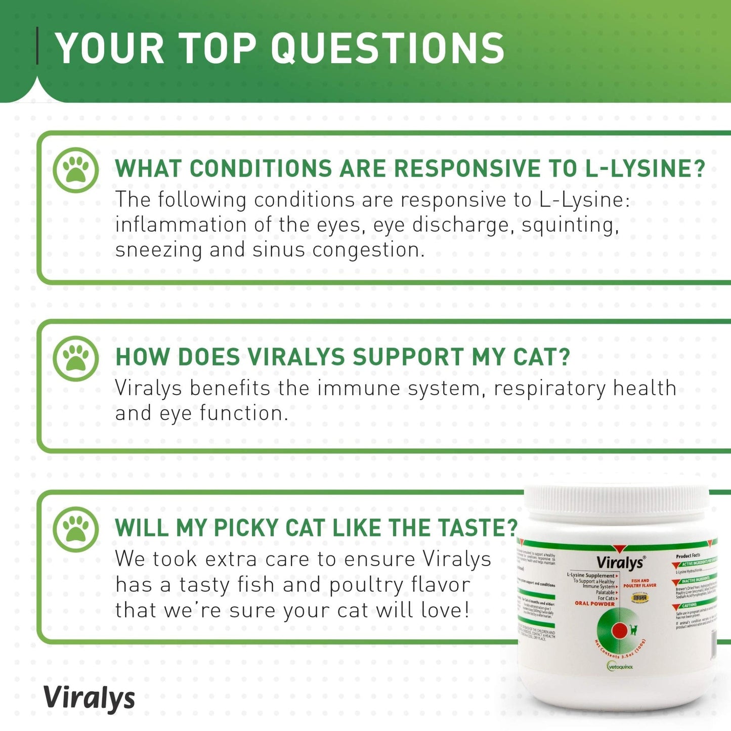 Vetoquinol Viralys Daily L-Lysine Powder for Cats and Kittens, Fish Flavored Lysine Supplement for Cats and Kittens to Support Immune Health - dailyvitalstore