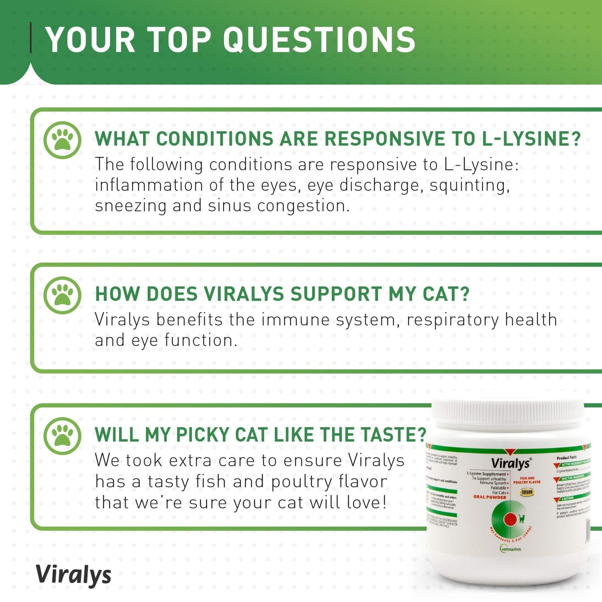Vetoquinol Viralys Daily L-Lysine Powder for Cats and Kittens, Fish Flavored Lysine Supplement for Cats and Kittens to Support Immune Health - dailyvitalstore