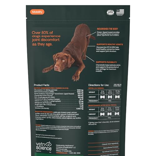VetriScience Ultimate Strength Healthy Hip & Joint Chews, GlycoFlex Glucosamine, Chondroitin and Green-Lipped Mussel Joint Support Supplement for Dogs, Soothe Joint Discomfort, Duck, 120 Count - dailyvitalstore