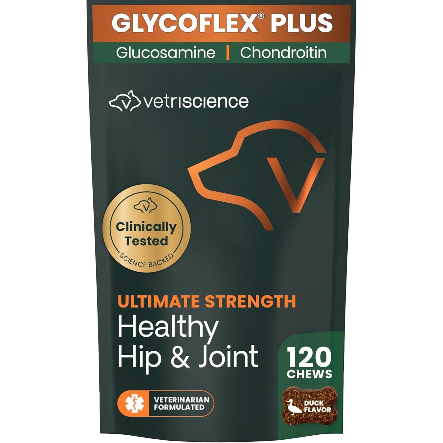 VetriScience Ultimate Strength Healthy Hip & Joint Chews, GlycoFlex Glucosamine, Chondroitin and Green-Lipped Mussel Joint Support Supplement for Dogs, Soothe Joint Discomfort, Duck, 120 Count - dailyvitalstore