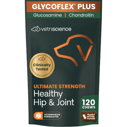 VetriScience Ultimate Strength Hip & Joint Supplement for Dogs, GlycoFlex Plus – MSM, Chondroitin & Green-Lipped Mussel Chews for Mobility, Flexibility, Comfort & Support, Peanut Butter Flavor 120 Cnt - dailyvitalstore