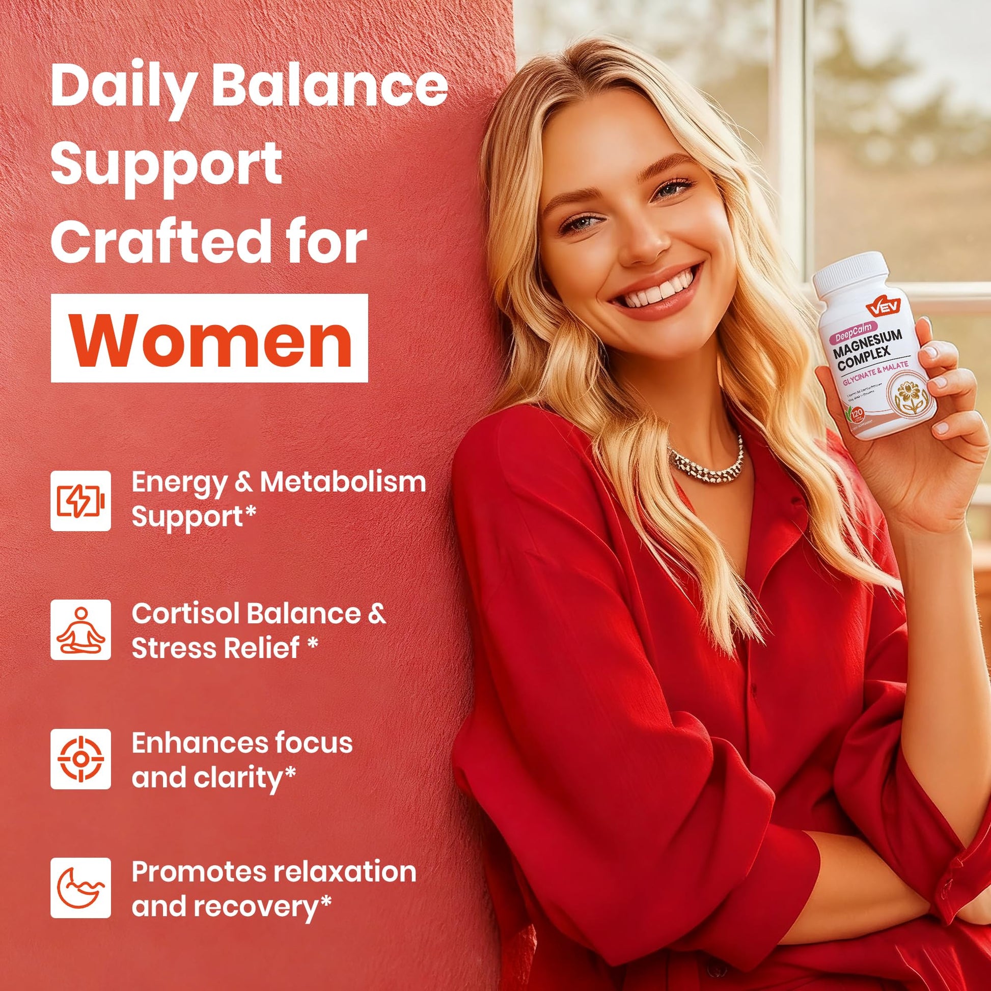 VEV Deep Calm Magnesium Complex for Women – Glycinate, Malate, B6, L-Theanine & Holy Basil – Support for Daily Magnesium & Stress Relief – 120 Vegan Capsules - dailyvitalstore