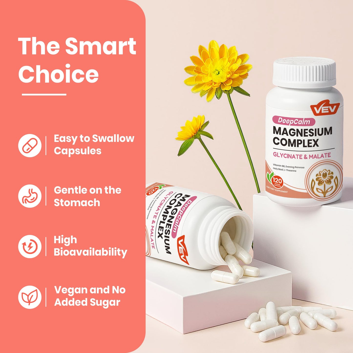 VEV Deep Calm Magnesium Complex for Women – Glycinate, Malate, B6, L-Theanine & Holy Basil – Support for Daily Magnesium & Stress Relief – 120 Vegan Capsules - dailyvitalstore