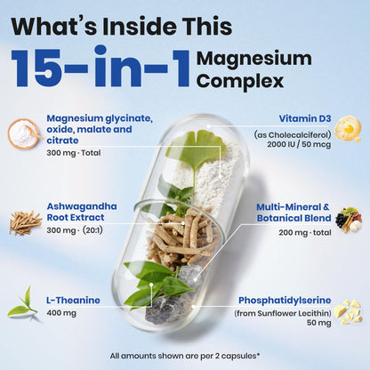 VEV DeepCalm Magnesium Complex for Women – 15-in-1 Glycinate & Citrate Capsules with Ashwagandha & L-Theanine – 120 Vegan Capsules - dailyvitalstore