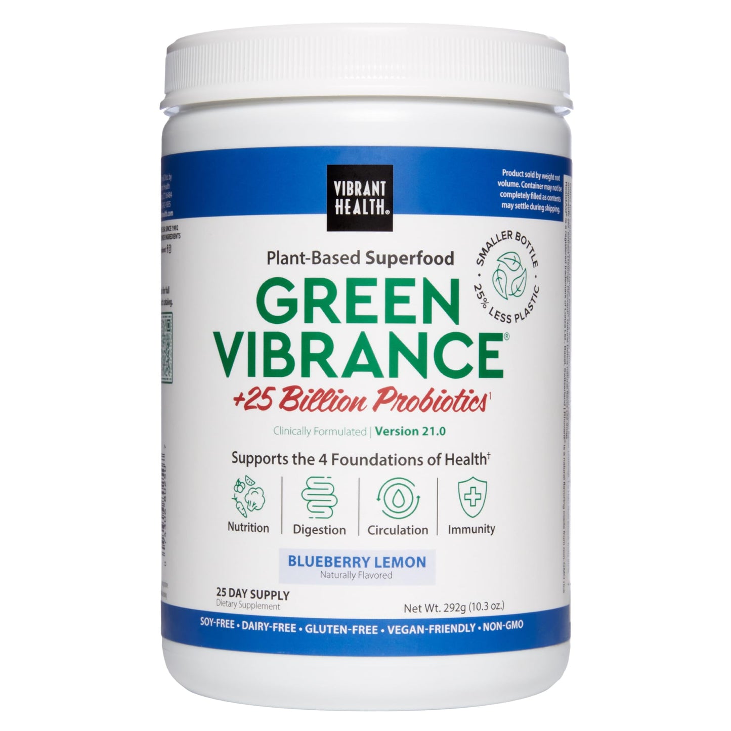 Vibrant Health, Green Vibrance, Superfoods Powder with 70+ Plant-Based Whole Foods & 25 Billion Probiotics Per Serving, Blueberry Lemon, 25 Servings - dailyvitalstore