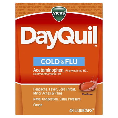 Vicks DayQuil Cold & Flu Medicine, Non-Drowsy Powerful Multi-Symptom Daytime Relief for Headache, Fever, Sore Throat, Minor Aches and Pains, Nasal Congestion, Sinus Pressure and Cough, 48 Liquicaps - dailyvitalstore