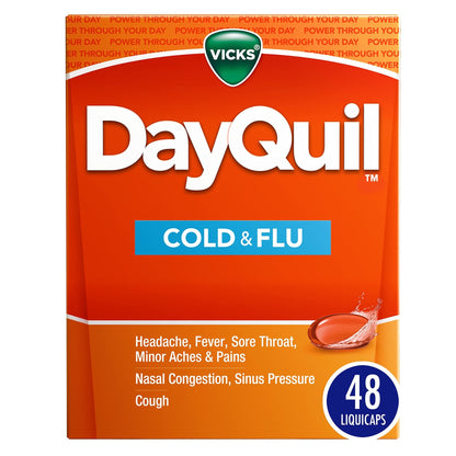 Vicks DayQuil Cold & Flu Medicine, Non-Drowsy Powerful Multi-Symptom Daytime Relief for Headache, Fever, Sore Throat, Minor Aches and Pains, Nasal Congestion, Sinus Pressure and Cough, 48 Liquicaps - dailyvitalstore