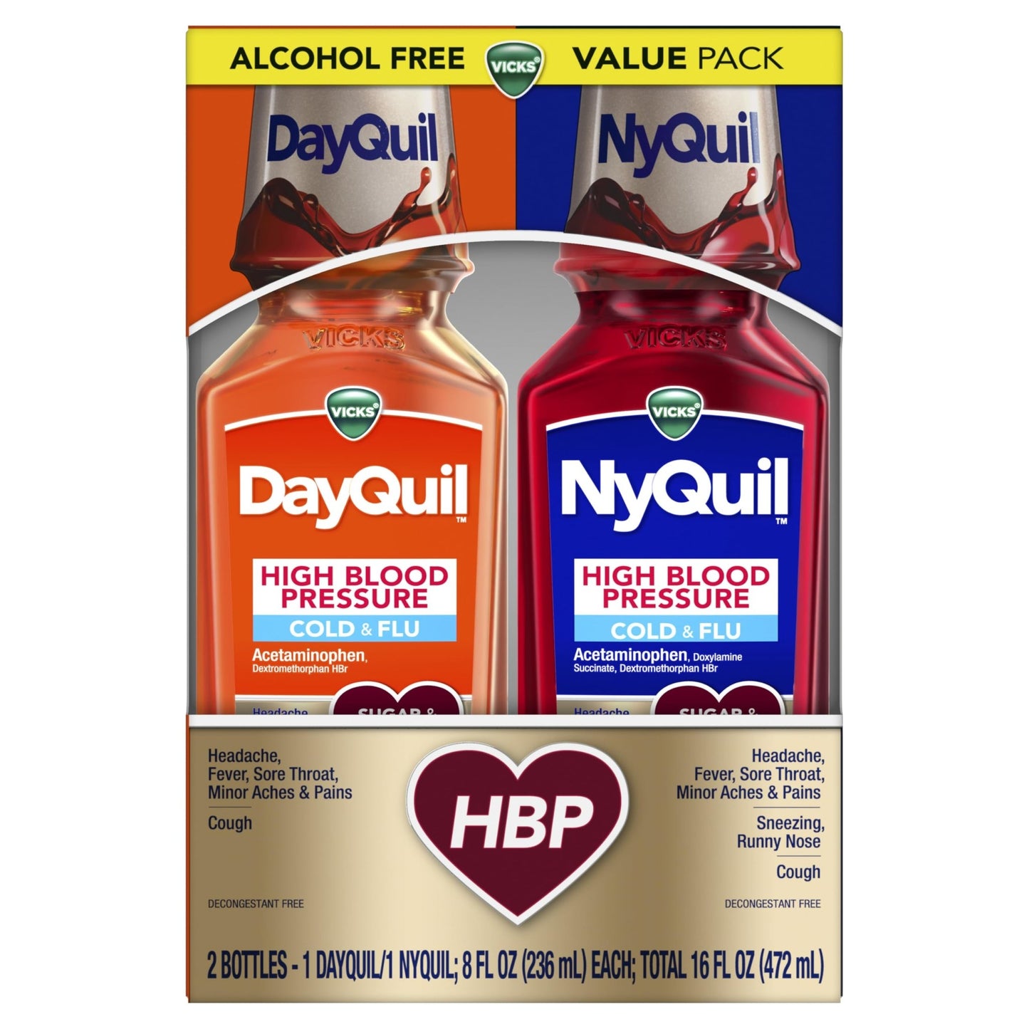 VICKS DayQuil & NyQuil High Blood Pressure Cold & Flu Relief Liquid Medicine Co-Pack, Powerful Multi-Symptom Daytime & Nighttime Relief for Cold, Cough, and Flu Symptoms, Sugar & Alcohol Free, 2x8oz - dailyvitalstore