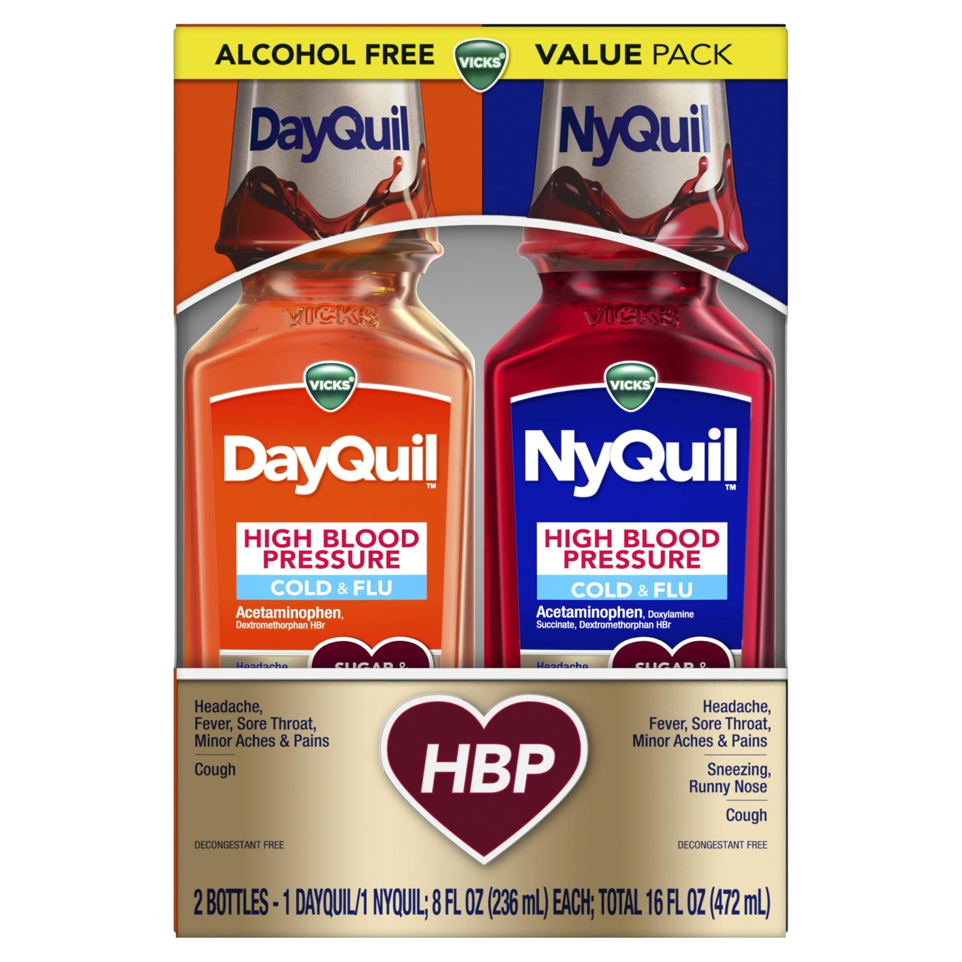VICKS DayQuil & NyQuil High Blood Pressure Cold & Flu Relief Liquid Medicine Co-Pack, Powerful Multi-Symptom Daytime & Nighttime Relief for Cold, Cough, and Flu Symptoms, Sugar & Alcohol Free, 2x8oz - dailyvitalstore