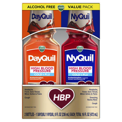 VICKS DayQuil & NyQuil High Blood Pressure Cold & Flu Relief Liquid Medicine Co-Pack, Powerful Multi-Symptom Daytime & Nighttime Relief for Cold, Cough, and Flu Symptoms, Sugar & Alcohol Free, 2x8oz - dailyvitalstore
