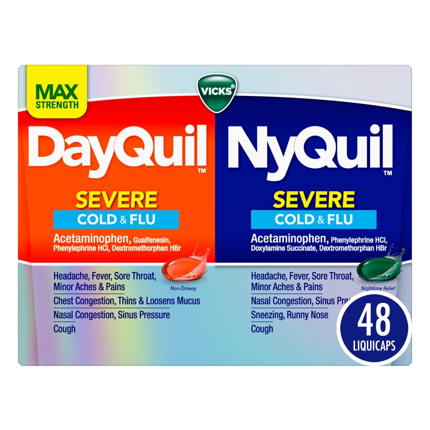 Vicks Dayquil & Nyquil Severe Co-Pack, Cold & Flu Medicine, Powerful Relief For Headache, Fever, Sore Throat, Minor Aches & Pains, Congestion, Sinus Pressure, Stuffy Nose, And Cough, 48 Liquicaps - dailyvitalstore