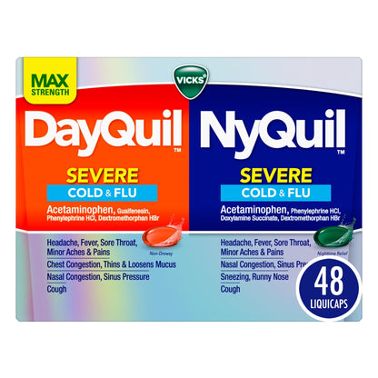 Vicks Dayquil & Nyquil Severe Co-Pack, Cold & Flu Medicine, Powerful Relief For Headache, Fever, Sore Throat, Minor Aches & Pains, Congestion, Sinus Pressure, Stuffy Nose, And Cough, 48 Liquicaps - dailyvitalstore