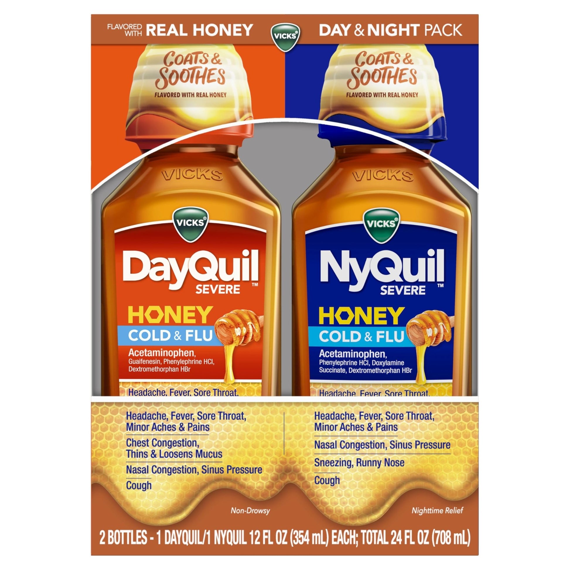 Vicks Dayquil & Nyquil Severe Honey Flavor Co-Pack, Cold & Flu Medicine, Relieves Headache, Fever, Sore Throat, Minor Aches & Pains, Nasal Congestion, Sinus Pressure, Stuffy Nose, And Cough, 2X12Oz - dailyvitalstore