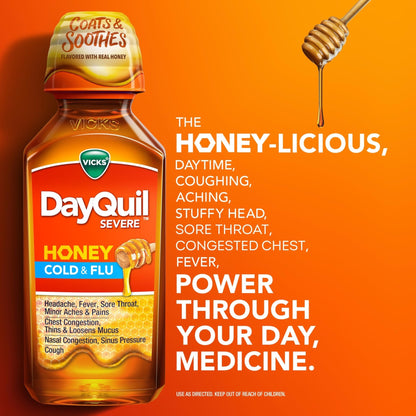 Vicks Dayquil & Nyquil Severe Honey Flavor Co-Pack, Cold & Flu Medicine, Relieves Headache, Fever, Sore Throat, Minor Aches & Pains, Nasal Congestion, Sinus Pressure, Stuffy Nose, And Cough, 2X12Oz - dailyvitalstore
