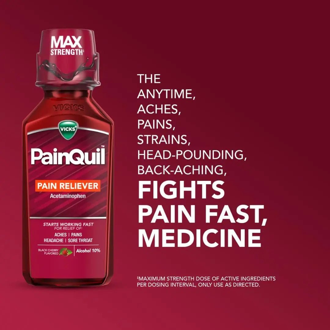 Vicks PainQuil Pain Relief Acetaminophen 1000mg Max Strength‡ Adult Pain Reliever Liquid 12oz, Backache Headache Relief, 1 Daytime Pain Reliever - dailyvitalstore