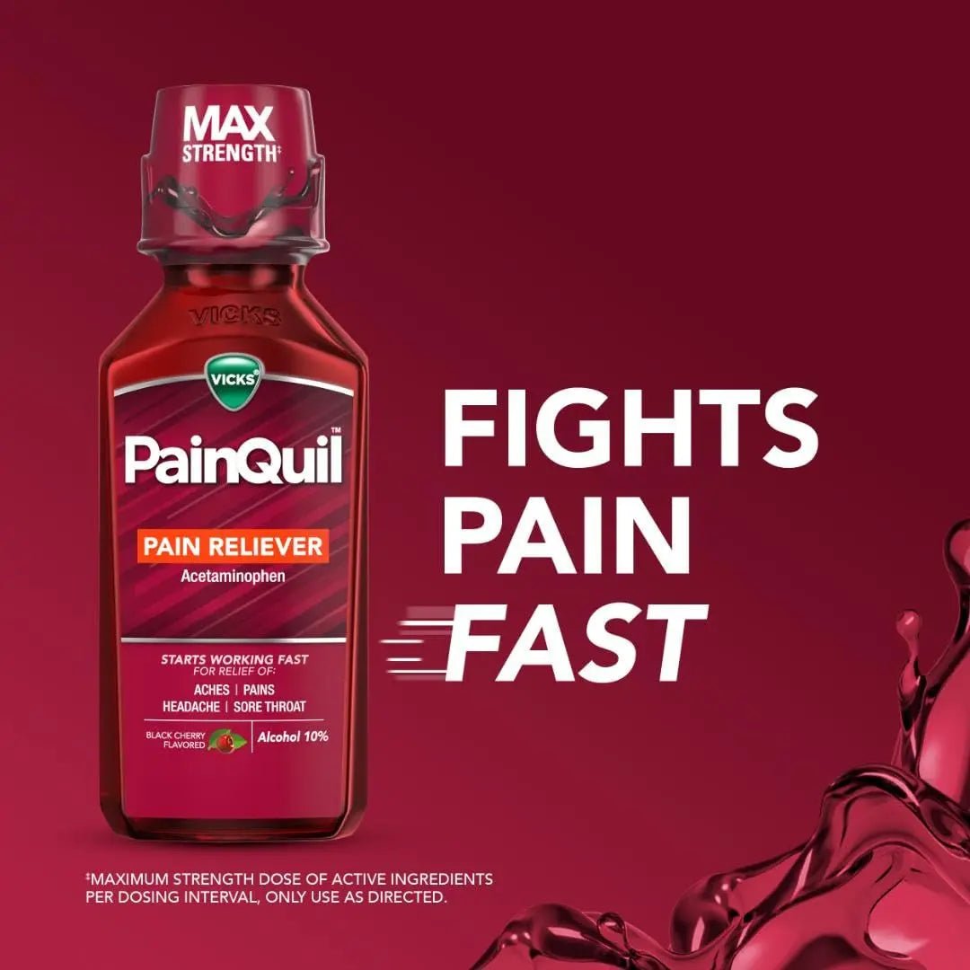 Vicks PainQuil Pain Relief Acetaminophen 1000mg Max Strength‡ Adult Pain Reliever Liquid 12oz, Backache Headache Relief, 1 Daytime Pain Reliever - dailyvitalstore