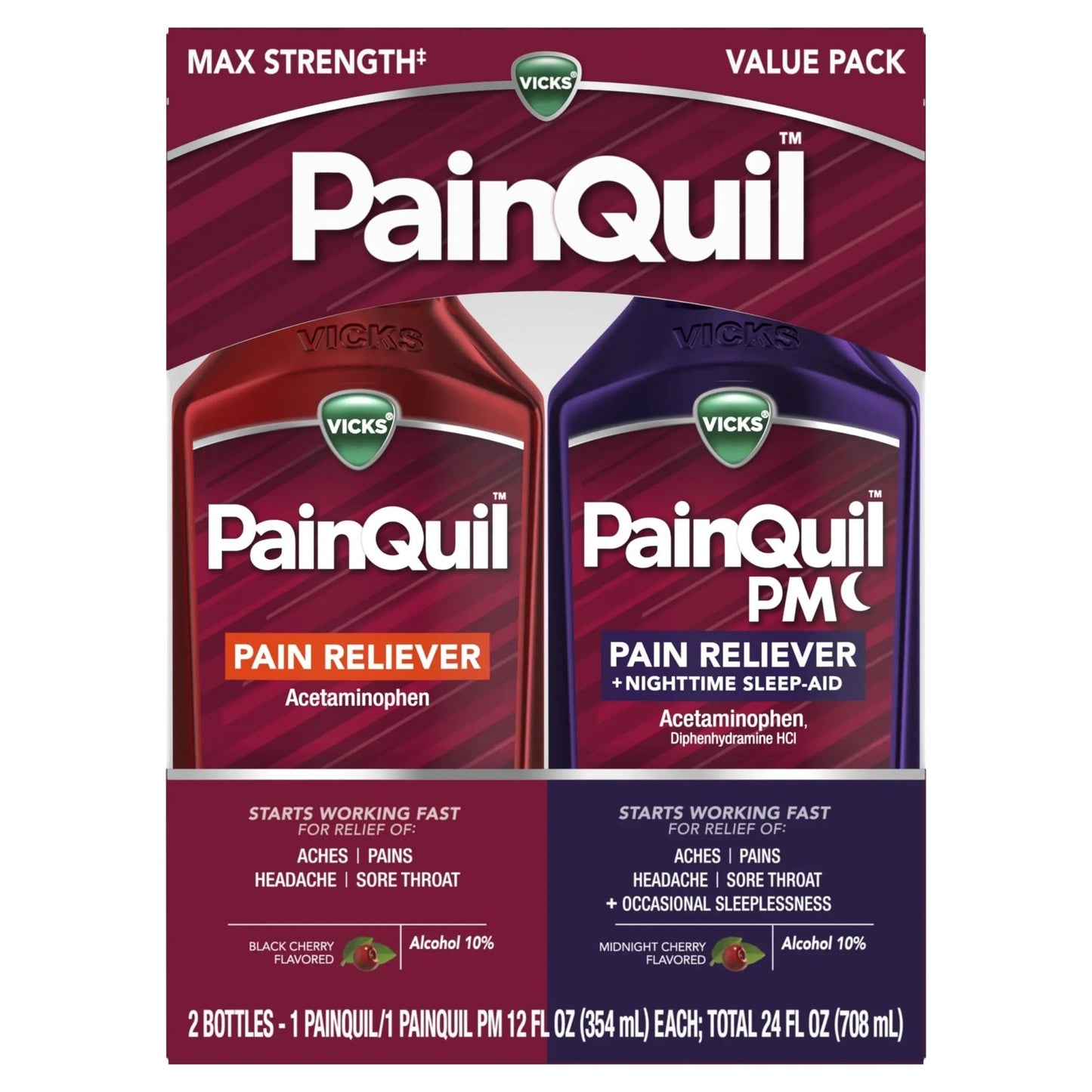 Vicks PainQuil & PainQuil PM Pain Relief Liquid, 1000mg Acetaminophen, 2x12 oz - dailyvitalstore