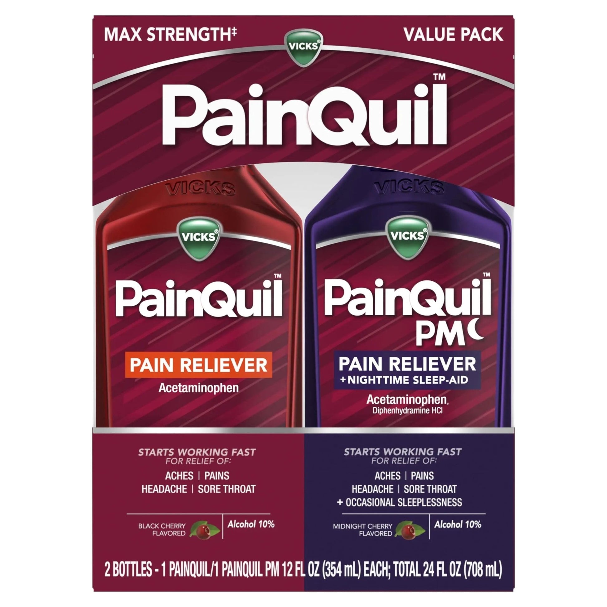 Vicks PainQuil & PainQuil PM Pain Relief Liquid, 1000mg Acetaminophen, 2x12 oz - dailyvitalstore