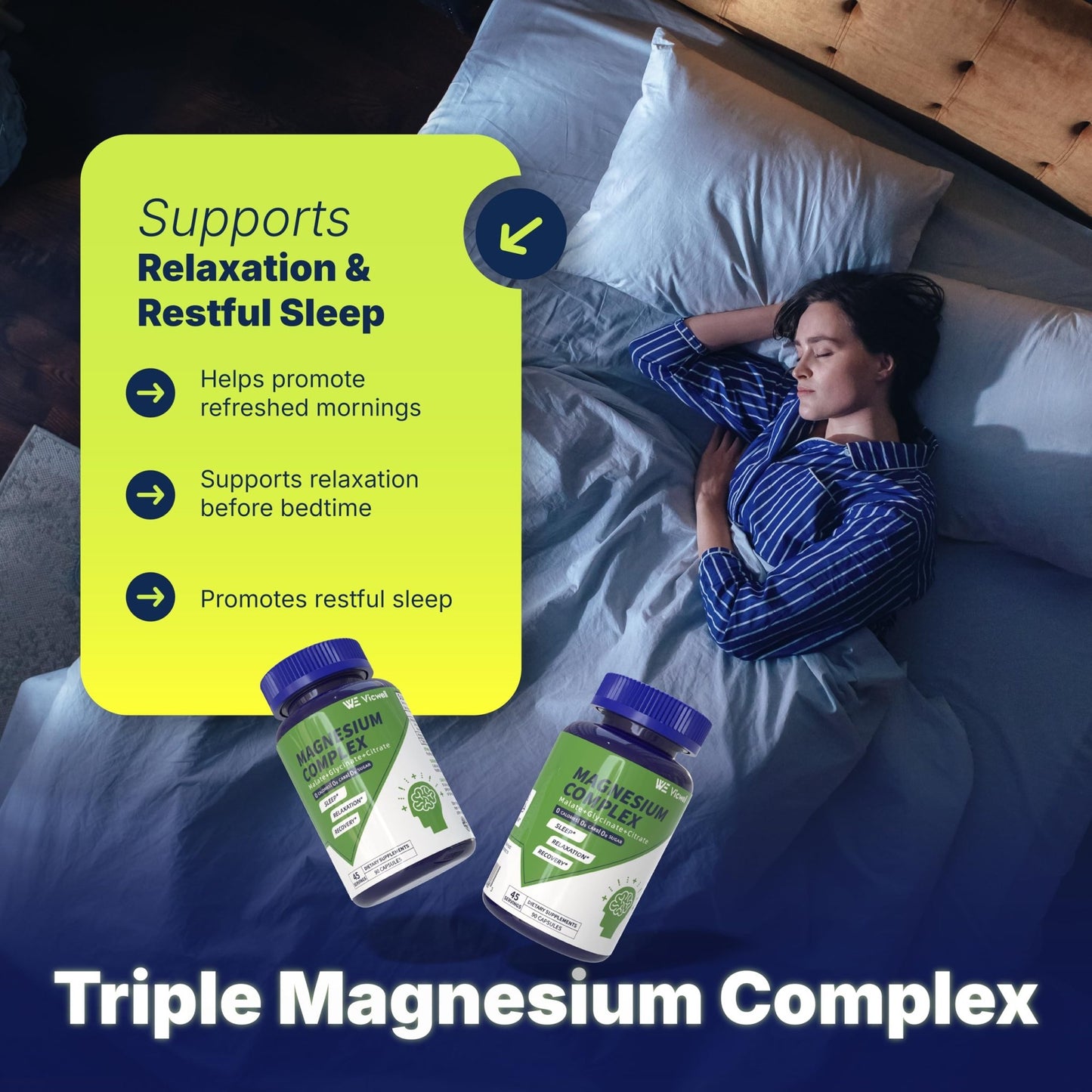 Vicwell Triple Magnesium Complex - 300mg Magnesium from Malate, Glycinate, and Citrate - Supports Stress Relief & Sleep, Nerves & Metabolism, Muscle Relaxation & Bone Health - 90 Capsules(1 Bottle) - dailyvitalstore