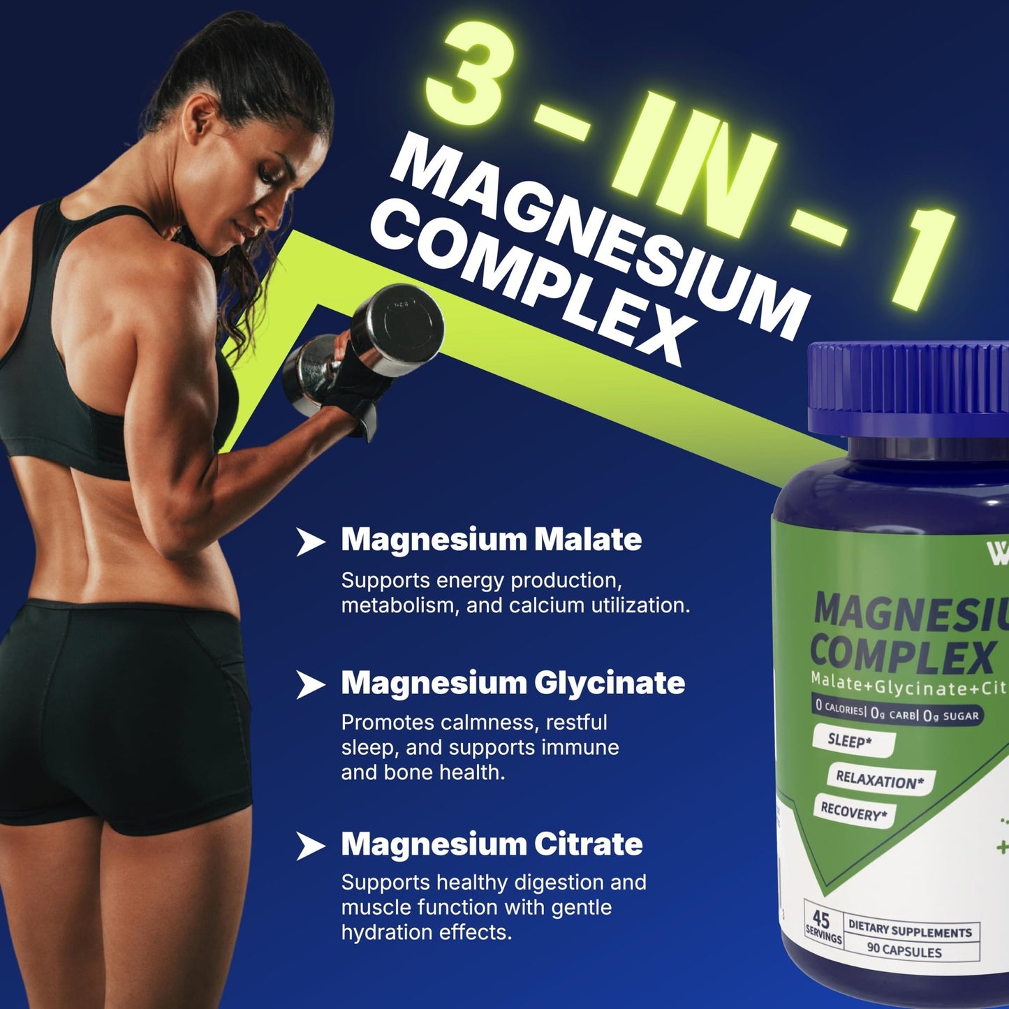 Vicwell Triple Magnesium Complex - 300mg Magnesium from Malate, Glycinate, and Citrate - Supports Stress Relief & Sleep, Nerves & Metabolism, Muscle Relaxation & Bone Health - 90 Capsules(1 Bottle) - dailyvitalstore