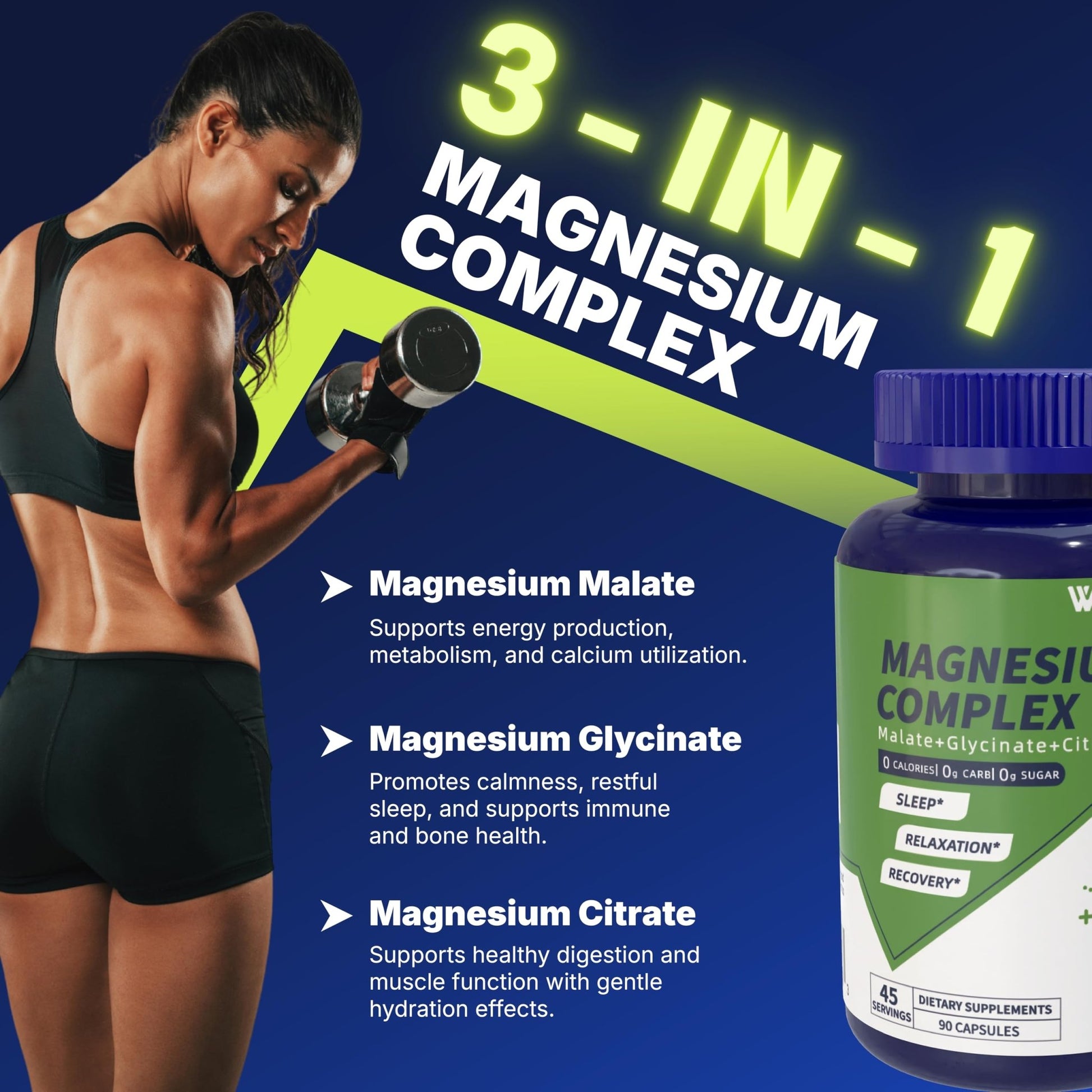 Vicwell Triple Magnesium Complex - 300mg Magnesium from Malate, Glycinate, and Citrate - Supports Stress Relief & Sleep, Nerves & Metabolism, Muscle Relaxation & Bone Health - 90 Capsules(1 Bottle) - dailyvitalstore