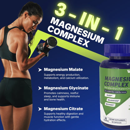 Vicwell Triple Magnesium Complex - 300mg Magnesium from Malate, Glycinate, and Citrate - Supports Stress Relief & Sleep, Nerves & Metabolism, Muscle Relaxation & Bone Health - 90 Capsules(1 Bottle) - dailyvitalstore