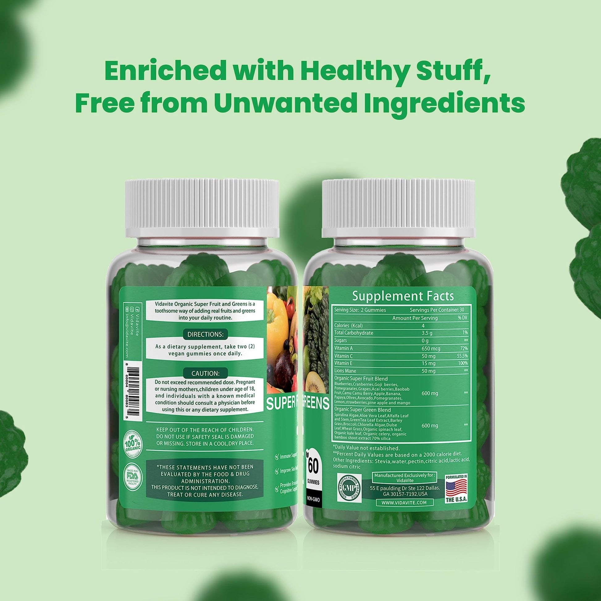 VIDAVITE Sugar-free Super Greens Gummies — US-Made, 35+ Fruit and Veggie gummies to Boost Immunity, Skin & Gut Health — Ideal Fruits and Vegetables Supplement for Adults & Picky Teens (30-Days Supply) - dailyvitalstore