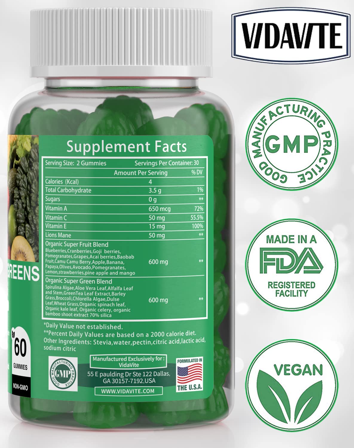 VIDAVITE Sugar-free Super Greens Gummies — US-Made, 35+ Fruit and Veggie gummies to Boost Immunity, Skin & Gut Health — Ideal Fruits and Vegetables Supplement for Adults & Picky Teens (30-Days Supply) - dailyvitalstore
