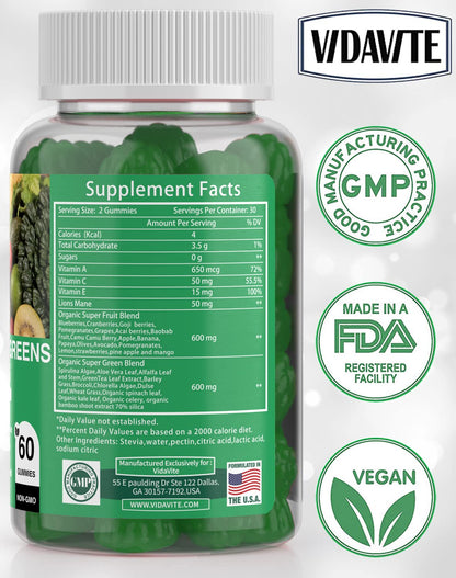 VIDAVITE Sugar-free Super Greens Gummies — US-Made, 35+ Fruit and Veggie gummies to Boost Immunity, Skin & Gut Health — Ideal Fruits and Vegetables Supplement for Adults & Picky Teens (30-Days Supply) - dailyvitalstore
