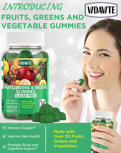 VIDAVITE Sugar-free Super Greens Gummies — US-Made, 35+ Fruit and Veggie gummies to Boost Immunity, Skin & Gut Health — Ideal Fruits and Vegetables Supplement for Adults & Picky Teens (30-Days Supply) - dailyvitalstore