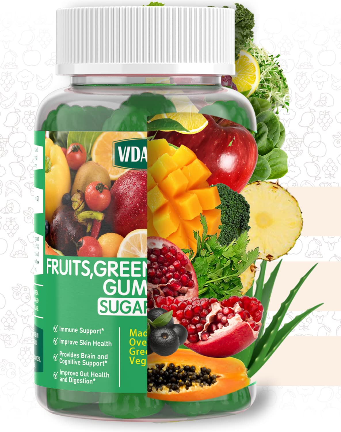 VIDAVITE Sugar-free Super Greens Gummies — US-Made, 35+ Fruit and Veggie gummies to Boost Immunity, Skin & Gut Health — Ideal Fruits and Vegetables Supplement for Adults & Picky Teens (30-Days Supply) - dailyvitalstore